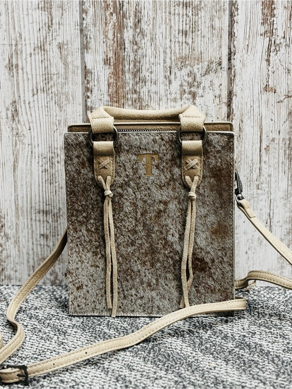 Trouve Brown Haircalf Crossbody with Cream Trim